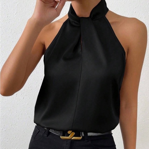 Tops - Luxe Satin Mock Neck Halter Sleeveless Top Blouse Shirt Black